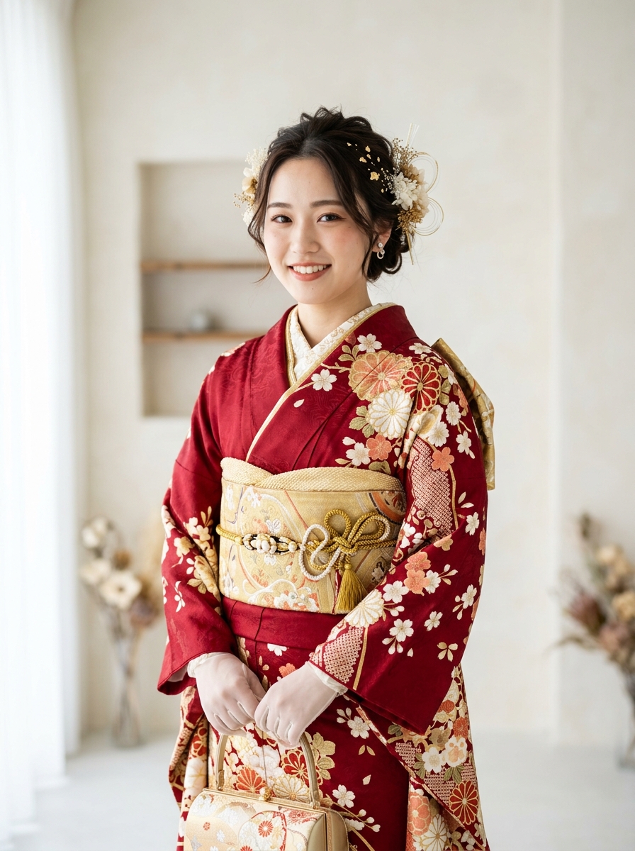 成人式の華やかで現代風な振袖とトレンドの上品なヘアアレンジ（ゆるふわシニヨン・水引・金箔）を着付けた女性